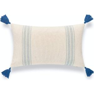 Hofdeco Beach Coastal Morrocan Decorative Lumbar Pillow Cover ONLY for Couch, Sofa, or Bed, Light Blue Ticking Striped Tassels, 12"x20"