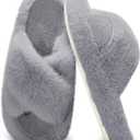 Women's Fuzzy Slippers House Slippers Memory Foam Bedroom Shoes Open Toe, Cross Band (8.5-9.5, Grey)