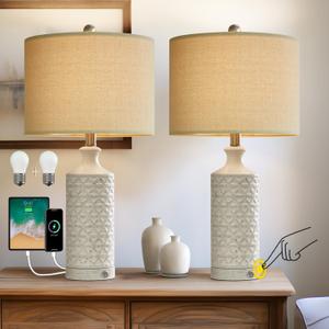 PoKat 24" Farmhouse Table lamp for Nightstands Set of 2 for Living Room, White Bedroom Bedside Lamp for Living Room, Ceramic Bedside Nightstand End Table Lamps, White (1 Medium Size - Dimmable Touch Control)