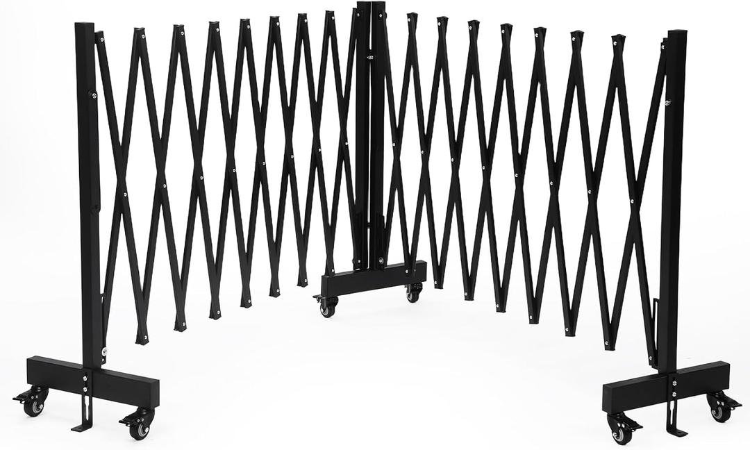 23.5FT Industrial Metal Expandable Barricade for Construction Area | Retractable Traffic Fence with Casters & Fixed Plate, Folding Security Gate, Portable Barricade Gate (Black)