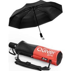 REPEL Windproof Travel Umbrella - Compact & Withstands Winds up to 85MPH , Strongest Premium Auto Folding Umbrella for Rain and Sun - Durable, Light & Portable for Women & Men , Fits Backpack & Cars (Black Umbrella + Black & Red Carrying Sling)