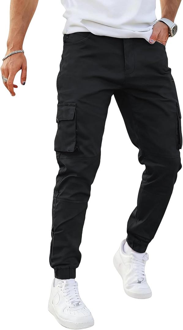 GINGTTO Mens Cargo Jogger Pants Slim Fit Stretch Zipper Pockets Thick Cotton Pants for Men (28W 30L, Black)