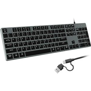 Wired Backlit Keyboard for Windows/Mac,Aluminum Slim & Quiet Full Size Keyboards Light Up with USB A/USB C Dual Interface,Compatible with iMac,MacBook,iPad,Laptop,PC-Gray Black