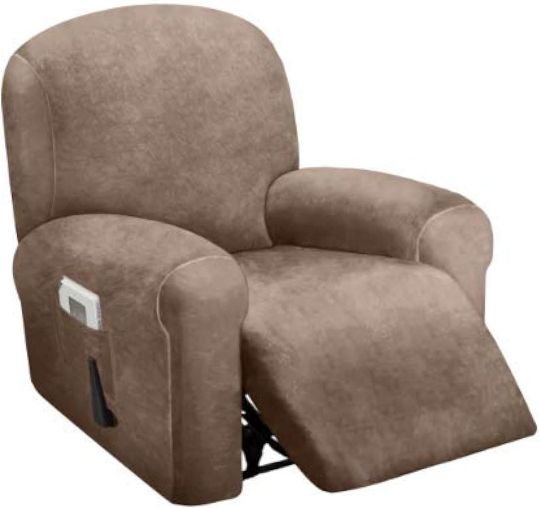 ULTICOR 4-Piece, 1 Seat Recliner Cover, Velvet Stretch Reclining Chair Covers for 1 Cushion Reclining Sofa, Single Seat Recliner Couch Cover, Thick, Very Soft, Machine Washable (Sand)