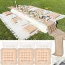 Extra Large Outdoor Picnic Blanket with Table Runner and Floor Pillow Cushion for Picnic Wedding Birthday Baby Shower Backyard Decor (91 x 71'',Brownish Beige,Light Camel, Light Beige,8 Pcs)