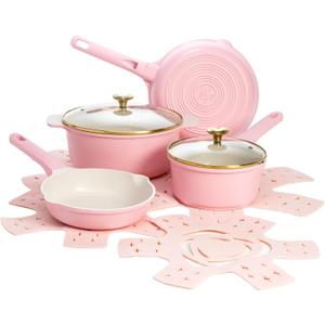 Pariis Hilton Clean Ceramic Nonstick Cast Aluminum Cookware Set with Heart Shaped Lid Knobs, Stay-Cool Handles, Made without PFAS, PFOA, PFOS & PTFE, 10-Piece, Pink