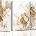 3 Pcs Modern White Floral Golden Leaves Canvas Wall Art Neutral Boho Beige Botanical Painting Pictures Nordic Wall Decor Posters Print Artwork for Bedroom Living Room Office Home Decoration, 16x24 Inches 