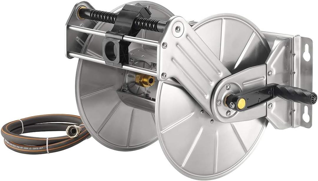 Giraffe Tools Stainless Steel Garden Hose Reel Heavy Duty, Wall/Floor Mounted Stainless Water Hose Reel Retractable with Crank, 150-Feet 5/8" Hose Capacity (Large, Silver)