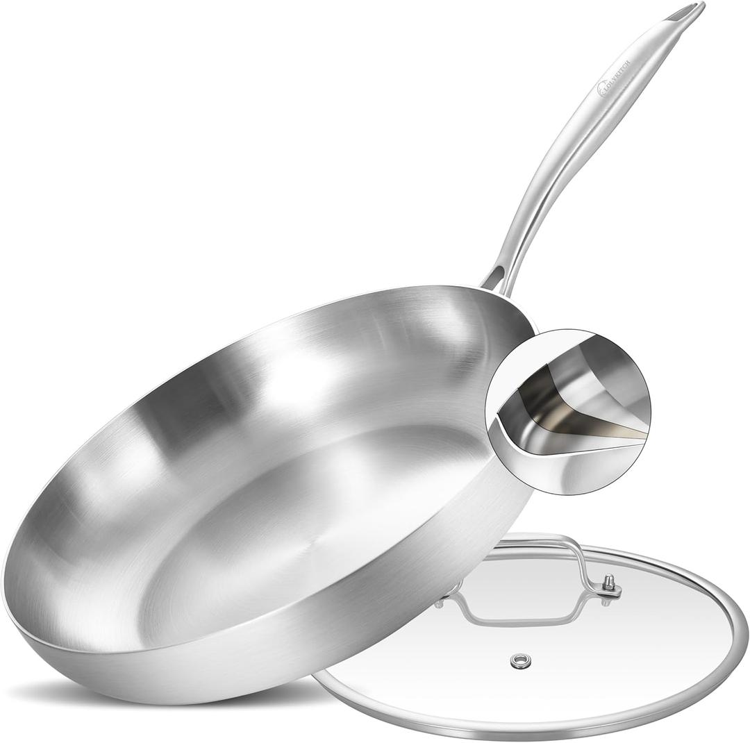 LOLYKITCH 12 Inch Tri-Ply Stainless Steel Frying Pan with Lid,Skillet,Induction Cooking Pan,Oven Safe and Detachable Handle