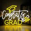 Congrats Grad Neon Sign for Wall Decor, Graduation Cap Led Signs for Celebration Party, USB Dimmable White Yellow Neon Lights for Dorm Room Backdrop Photo Background Wall Graduating Gifts