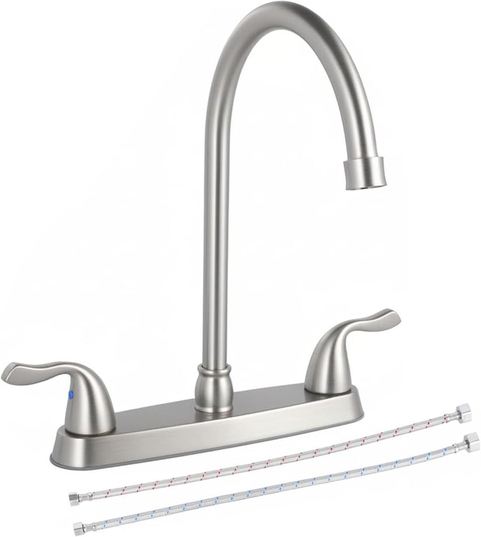 HOTIS HOME Brushed Nickel Kitchen Sink Faucet, 2 Handle 3 Hole Kitchen Faucet Without Sprayer, High Arc Swivel Spout Stainless Steel Sink Faucet for Rv Camper, HT-KF200