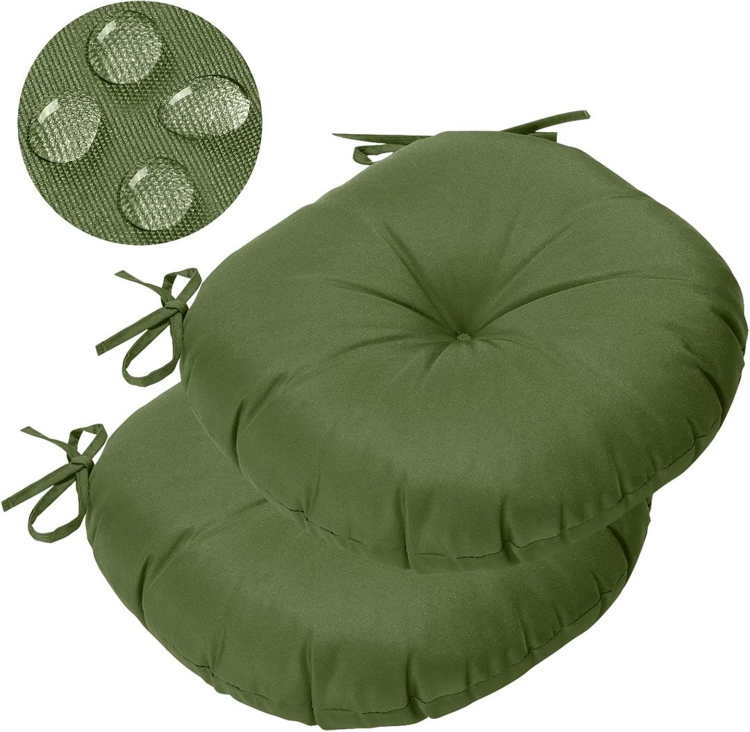 GUEGLSA Outdoor Tufted Round Cushions 18 inch, Waterproof Bistro Chair Cushions 18"x18"x3", Circular Seat Pads with Ties for Patio Garden Footstool Papasan Chair, Set of 2, Green