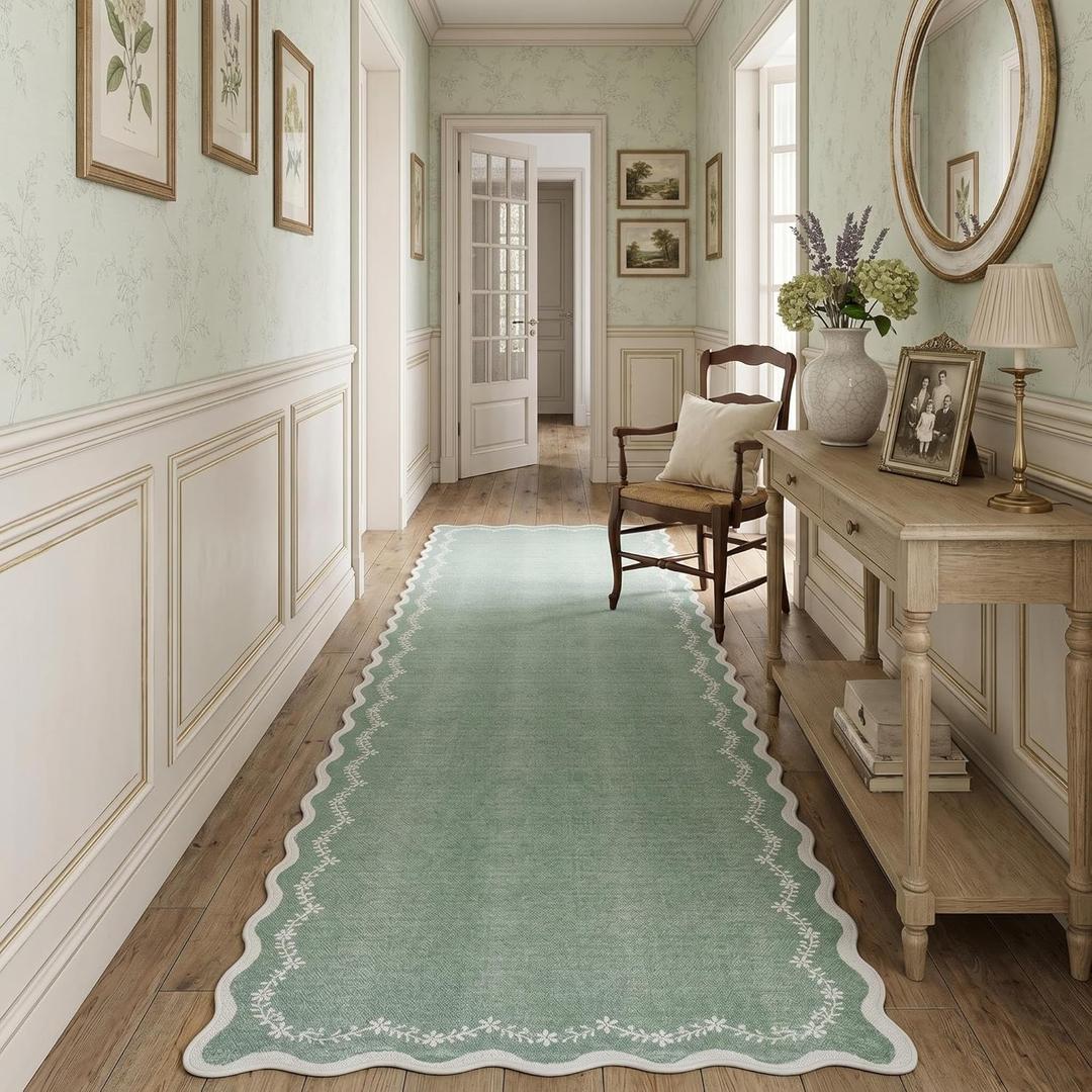 GarveeHome 2.6x10 Scalloped Washable Runner Rug for Kitchen, Soft Green Long Hallway Runner Non Slip Entryway Rug Farmhouse Thin Laundry Mat Stain Resistant Carpet for Bathroom Beside Rug