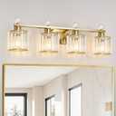 Modern Crystal Bathroom Vanity Light, 4-Lights Bathroom Light Fixtures, Brass Gold Vanity Lighting Fixtures Over Mirror, Brushed Wall Sconce Light for Bedroom, Kitchen, Living Room, Gallery, E26 Base, 4 light-Round