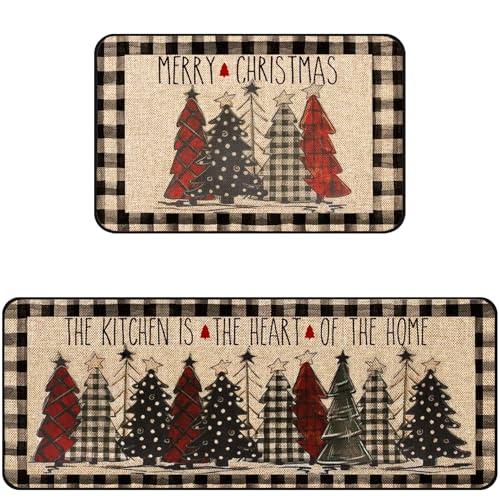 Christmas Kitchen Rugs Set of 2, Christmas Rugs for Kitchen, Buffalo Plaid Xmas Tree Merry Christmas Kitchen Mats, Winter Home Decor Low-Profile Kitchen Rugs, 16x24 and 16x47 Inch