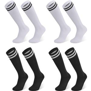 Finerview Kids Soccer Socks Baseball Softball Socks, Knee High Stripes Arch Ankle Support Athletic Socks for Boys & Girls (Small, 4 Pairs Black/White)