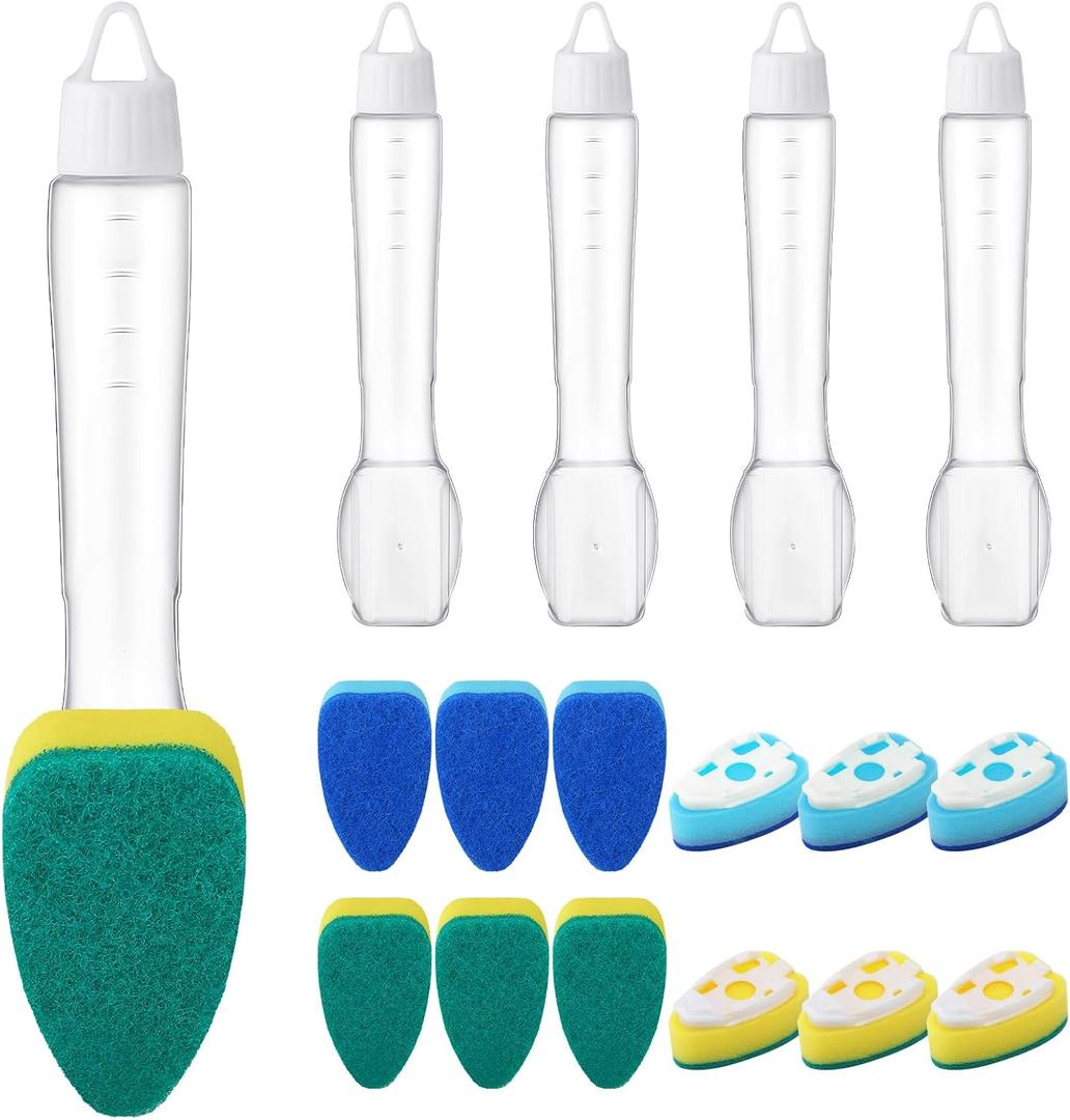 FoldTier Non Scratch Stand Dish Wand Kit 4 Wand & 12 Sponge Refills for Scrubbing and Washing Dishes Away from Mess Replacement Dish Scrubber for Nonstick Pots and Pans Glass Tubs