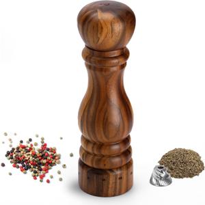 Wooden Pepper Grinder, Manual Pepper Mill with Stainless Steel Core, Refillable Pepper Shaker with Acacia Wood Body, External Adjustable Coarseness, 9 Tall