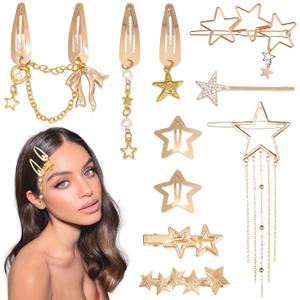 10PCS Gold Hair Clips Dangle Star Hair Clips Metal Snap Star Barrettes 9 Shapes Y2K Hair Accessories for Women and Girls