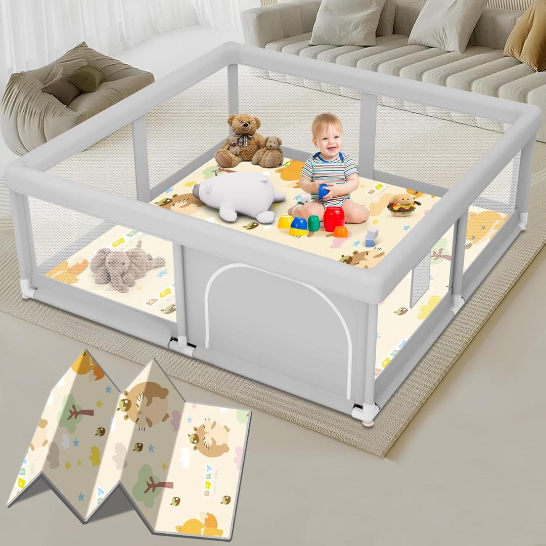 Baby Playpen with Mat, 50 x 50 inch, PlayPen for Babies and Toddlers, Play Yards Indoor & Outdoor, Sturdy Safety Play Pen with Soft Breathable Mesh, Baby Fence (Grey + Animals Mat)