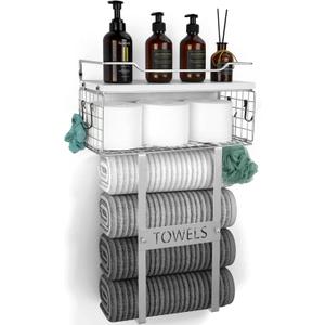 Towel Racks for Bathroom Wall Mounted - Bath Wall Towel Holder Set Above Toilet Storage, Rolled Towel Shelf Organizer for Small Bathroom, Wood Vertical Towel Rack for Bathroom Wall Decor Silver
