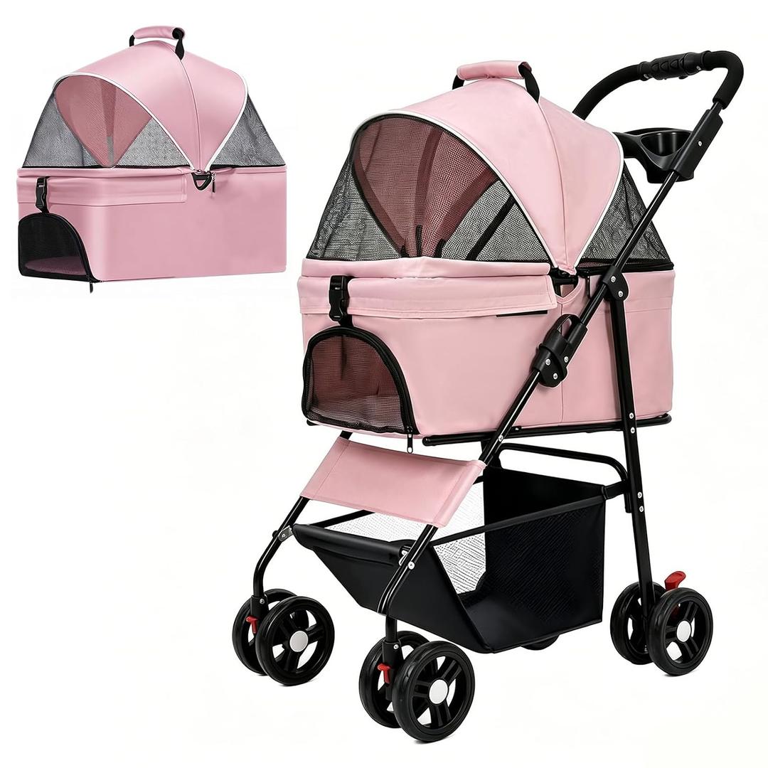 Pet Stroller for Small/Medium Dogs Cats,3 in 1 Dog Strollers,Detachable Carrier Basket,Breathable Mesh,Storage Basket,Cup Holder,Weather Cover(Pink)