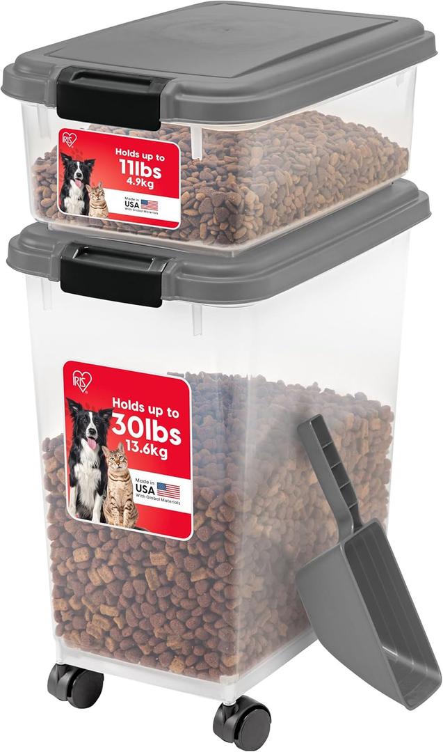 IRIS USA Dog Food Storage Container, 30 lbs & 11 lbs Combo, Cat Food Storage Container, Dog Treat Container, Airtight, Stackable, 2-Cup Scoop, Wheels, Easy Mobility, Dark Gray