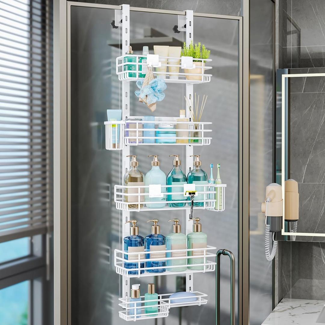Consumest Over The Door Shower Caddy - 5 Tier Adjustable Shower Organizer Hanging with 2 Toothbrush Holders & 4 Hooks, Rustproof Organizer Shelf, Storage Rack for Bathroom, White