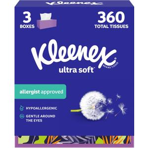 Kleenex Ultra Soft Facial Tissues, 3 Flat Boxes, 120 Tissues per Box, 3-Ply (360 Total), Packaging May Vary