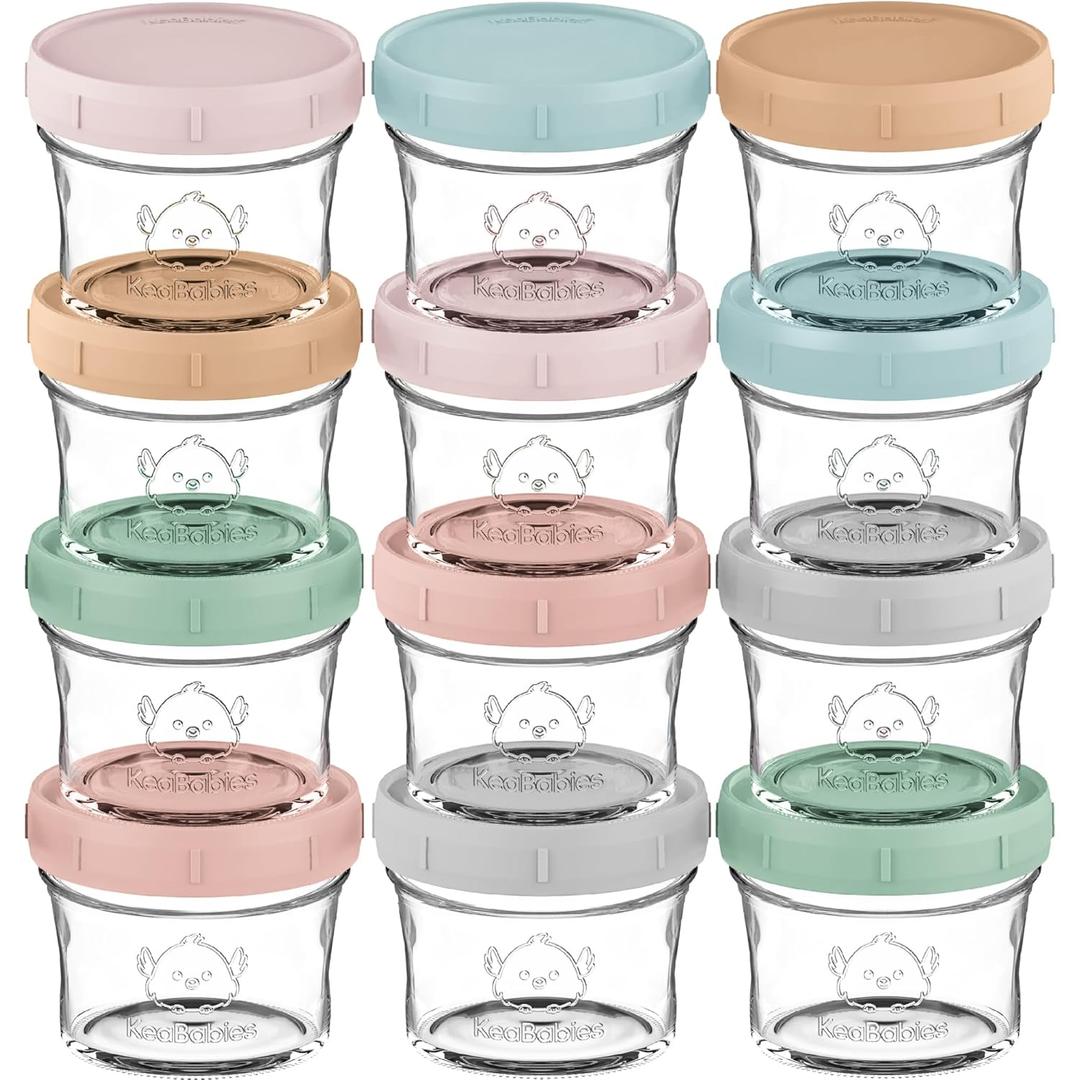 KeaBabies 12pk 4oz Glass Baby Food Containers with Lids - Leak-Proof, Microwavable Small Glass Jars, Baby Purees & Toddler Snack Storage Containers, BPA-Free, Dishwasher & Freezer Safe (Musk Dusk)