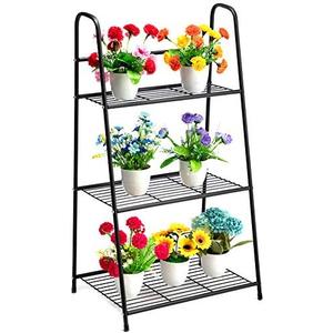DOEWORKS 3 Tier Metal Plant Stand, Metal Storage Shelf, Ladder Shelf, 50in Tall Standing Ladder Shelves, Leaning Bookshelf for Home Office/Living Room/Home- Black