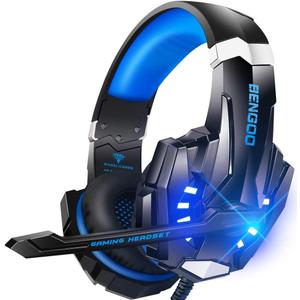 BENGOO G9000 Stereo Gaming Headset for PS4 PC Xbox One PS5 Controller, Noise Cancelling Over Ear Headphones with Mic, LED Light, 7.1 Surround Sound, Soft Memory Earmuffs for Nintendo Xbox Series X|S (Blue)