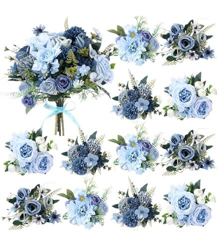 Zeyune 12 Bundles Gradient Blue Artificial Flowers Peonies Silk Dahlia Faux Rose Fake Chamomile Hydrangea Bouquet Floral Arrangements Bulk for Home Vase Wedding Party Table Centerpiece (Peonies)