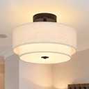 2 Light Semi Flush Mount Ceiling Light Fixture 12.6 Inch Modern Black Drum Ceiling Light Fixture with 2-Layer Fabric Shade Dimmable Close to Ceiling Light for Living Room Hallway Bedroom Entryway