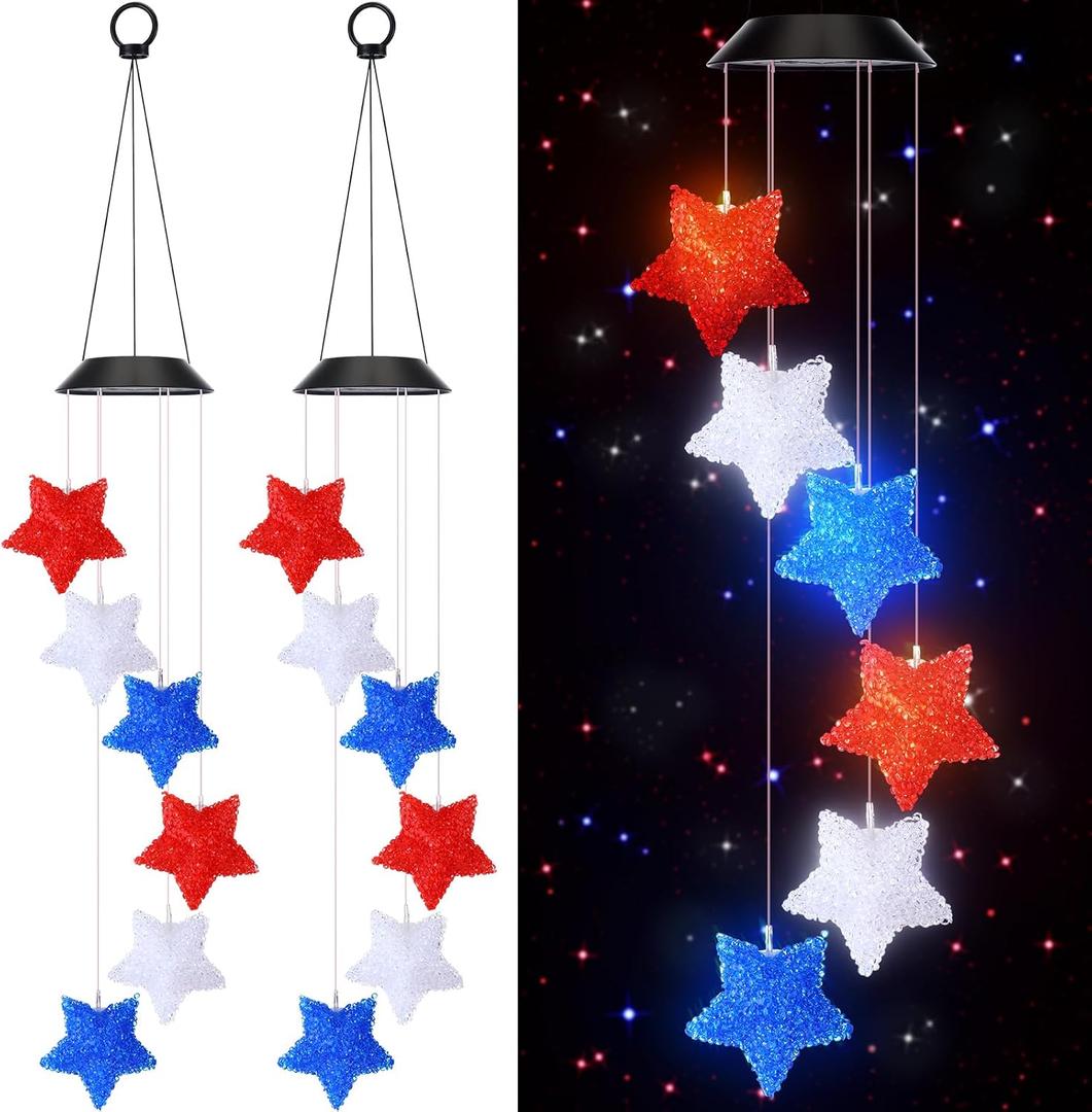 Glooglitter 2 Pcs Independence Day Rice Grain Five Pointed Star Solar Wind Chimes Wind Bell Light Hanging Solar Lights Changing Color Waterproof Decorative Mobiles for Garden Window Outdoor Decoration