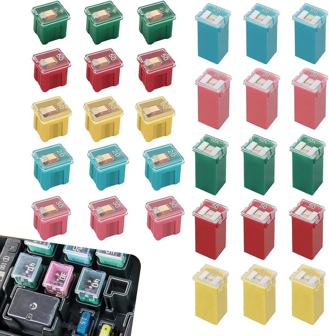 30 PCS Car Fuses Assortment Kit, Automotive Combination Low and Tall Box Shaped Fuse Kit, 20-60A Long Short Plug-in Connection Fuse, Universal for Most Cars, Trucks, SUVs (Multicolored)