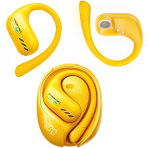 Transformers Open Ear Wireless Headphones Bluetooth 5.4 for Running & Workouts, Over The Ear Earbuds with IPX5 Waterproof Ear Hooks, Surround Sound, LED Display & Lanyard (Yellow - Bumblebee)