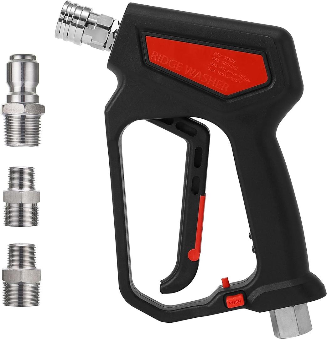 RIDGE WASHER Pressure Washer Gun 5000 PSI, 12 GPM, High Pressure Spray Gun with 1/4" Quick Connector, 3/8'' Quick Connect, M22-14 mm and M22-15 mm Fitting (Short Gun Swivel)