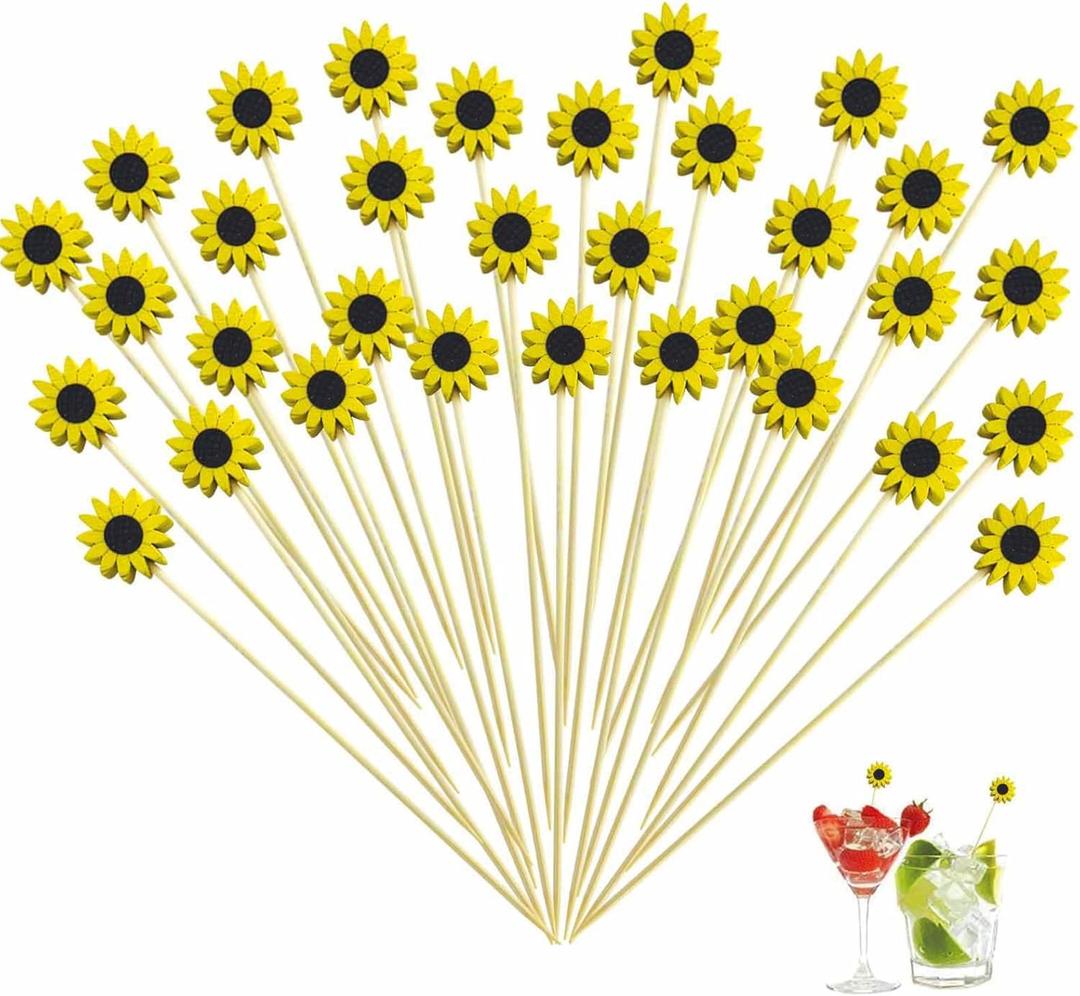 120 Pcs Sun Flower Cocktail Picks 4.7" Drinks Fruits Hawaiian Party Food Garnish Skewer Sticks Halloween Decorations Supplies Cowboy Handmade Bamboo Toothpicks