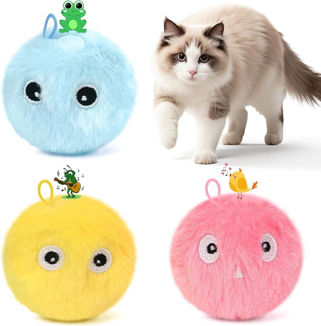 Chirping Cat Toy Balls, 3 Pack | Upgraded Plush Interactive Toy Balls, 3 Realistic Animal Sounds, Battery-Powered Motion Activated, Suitable for Indoor Kittens and Adult Cats Exercise Toy