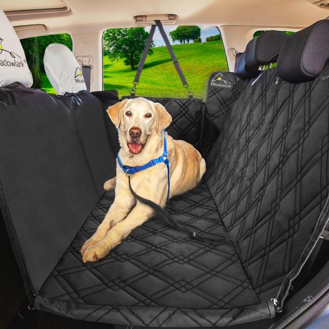 Meadowlark Dog Seat Covers Unique Design & Entire Car Protection-Doors,Headrests & Backseat. Extra Durable Zippered Side Flap, Waterproof Pet Seat Cover + Seat Belt & 2 Headrest Protectors, I0113671 (Black)