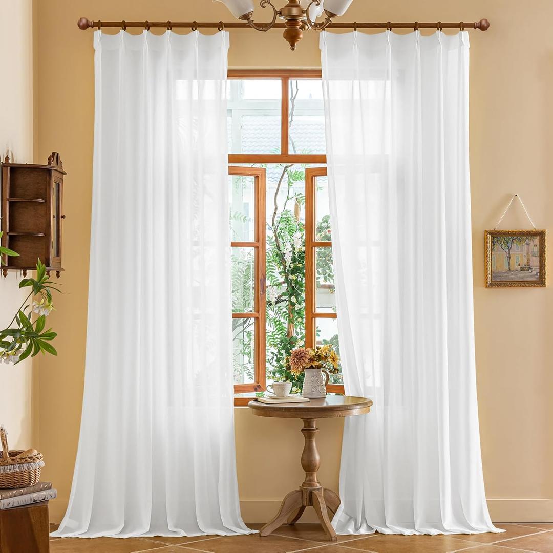 MAIHER White Pinch Pleat Curtains 144 Inches Long 12ft Tall Extra Long Sheer Curtains for Living Room Soft Touch Light Filtering Pleated Drapes with Ajustable Hooks, White, 42" W x 144" L, 2 Panels