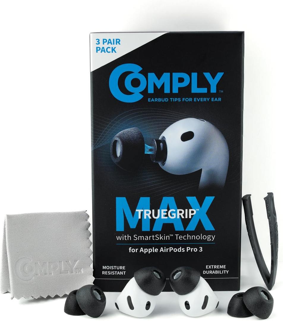 Comply TrueGrip MAX | Premium Memory Foam Replacement Earbud Tips for Apple AirPods Pro Gen 3 | Long Lasting Comfort, MAX Durability, Secure Fit, Superior Noise Isolation| Black (Large) (3 Pairs)