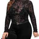 WDIRARA Women's Plus Size Floral Jacquard See Through Mesh Top Lace Mock Neck Long Sleeve Shirts (Black, XXXL)