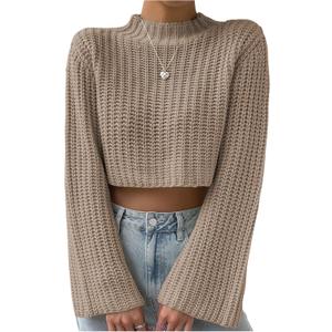 MakeMeChic Women's Mock Neck Crop Sweater Bell Sleeve Knitted Pullovers Jumper Tops (Gray, S)