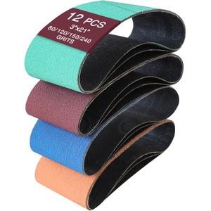 3" x 21" Sanding Belts for Belt Sander, Assorted Grits 12 Pcs (3 Each of 80 120 150 240), Aluminum Oxide Sanding Belts for Woodworking Metal Polishing Knife Sharpening