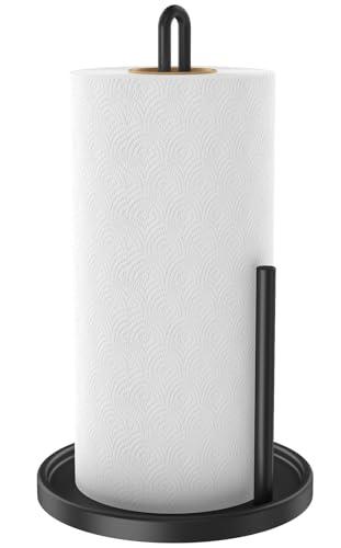 Paper Towel Holder Countertop, Freestanding Paper Towel Roll Holder with Weighted Base, Stainless Steel Standing Papertowel Holder for Kitchen, Matte Black