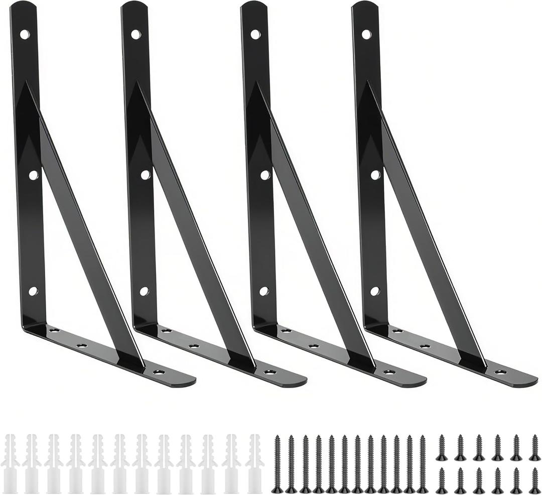 4 Pack L10 x H 6" Heavy Duty Shelf Brackets with Screws Open Floating Shelving Bracket L Brackets Black Metal Shelf Brackets for Shelves, Room, Pantry,Garage