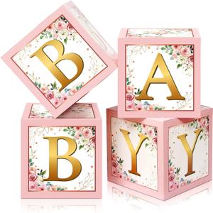 Sabary Baby Boxes with Letters Rustic Floral Pink Baby Shower Backdrop Blocks Box Birthday Party Gender Reveal Photo Props for Girl Boy Shower Decorations(Sweet Baby)