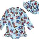 Toddler Baby Girl Rash Guard 4th of July Swimsuit Long Sleeve Zipper Bathing Suit Swimwear with Swim Cap (3-6 Months)